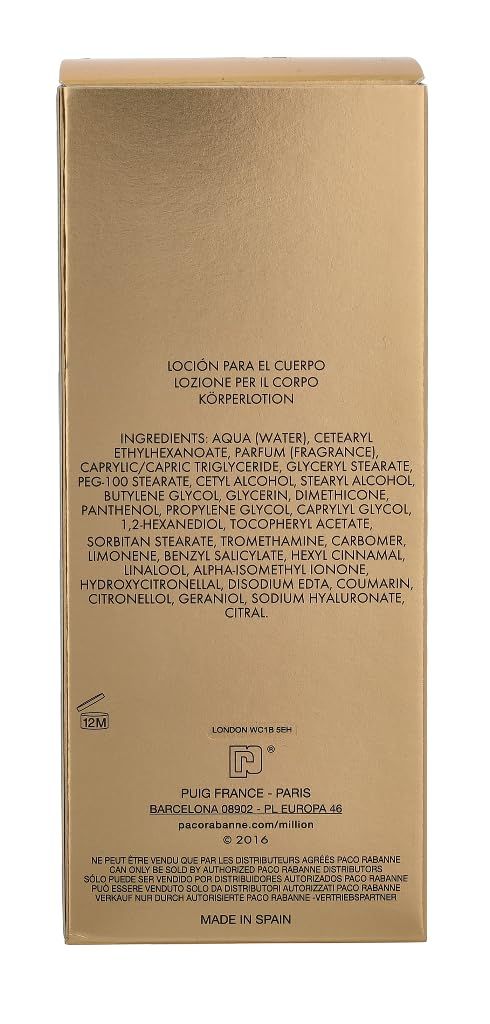 Rückseite der goldfarbenen Kartonverpackung. Auflistung der Inhaltsstoffe und Herstellerinformationen.