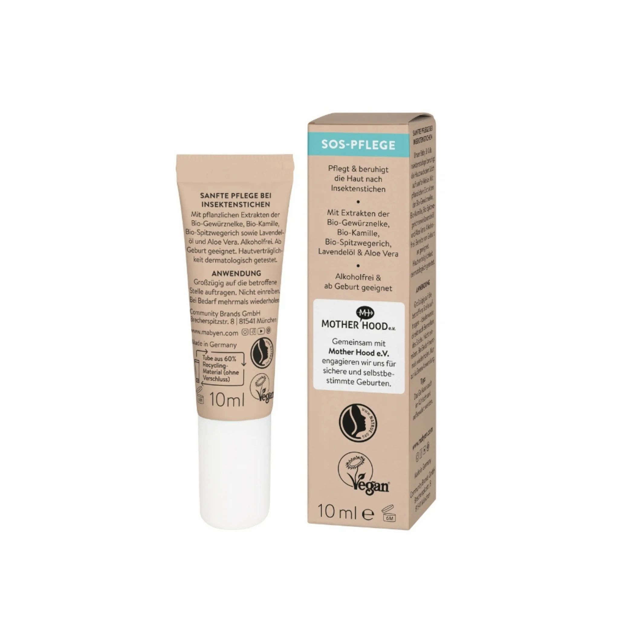 Eine MABYEN Insektenstich Gel Tube und Packung mit Details auf der Rückseite.