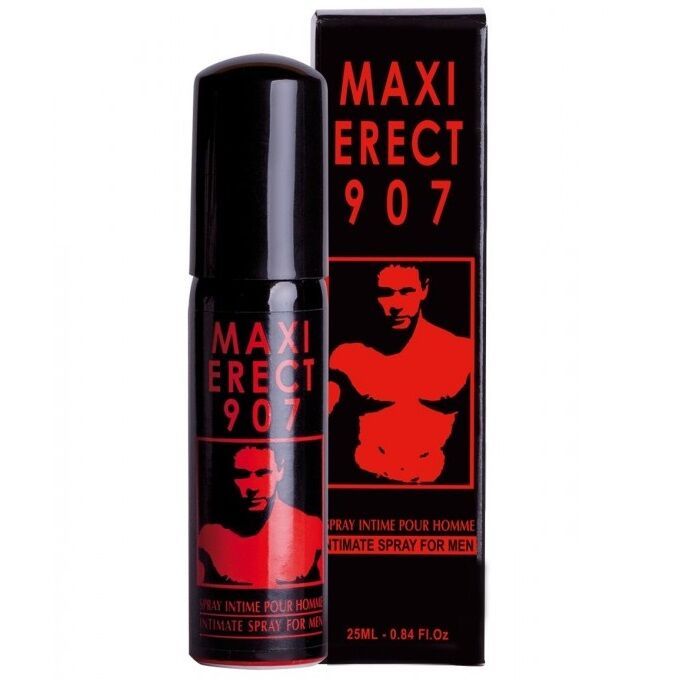 Schwarze Flasche und Schachtel mit roter Schrift und Abbildung. Aufschrift: MAXI ERECT 907. Intimspray für Männer. 25 ml.