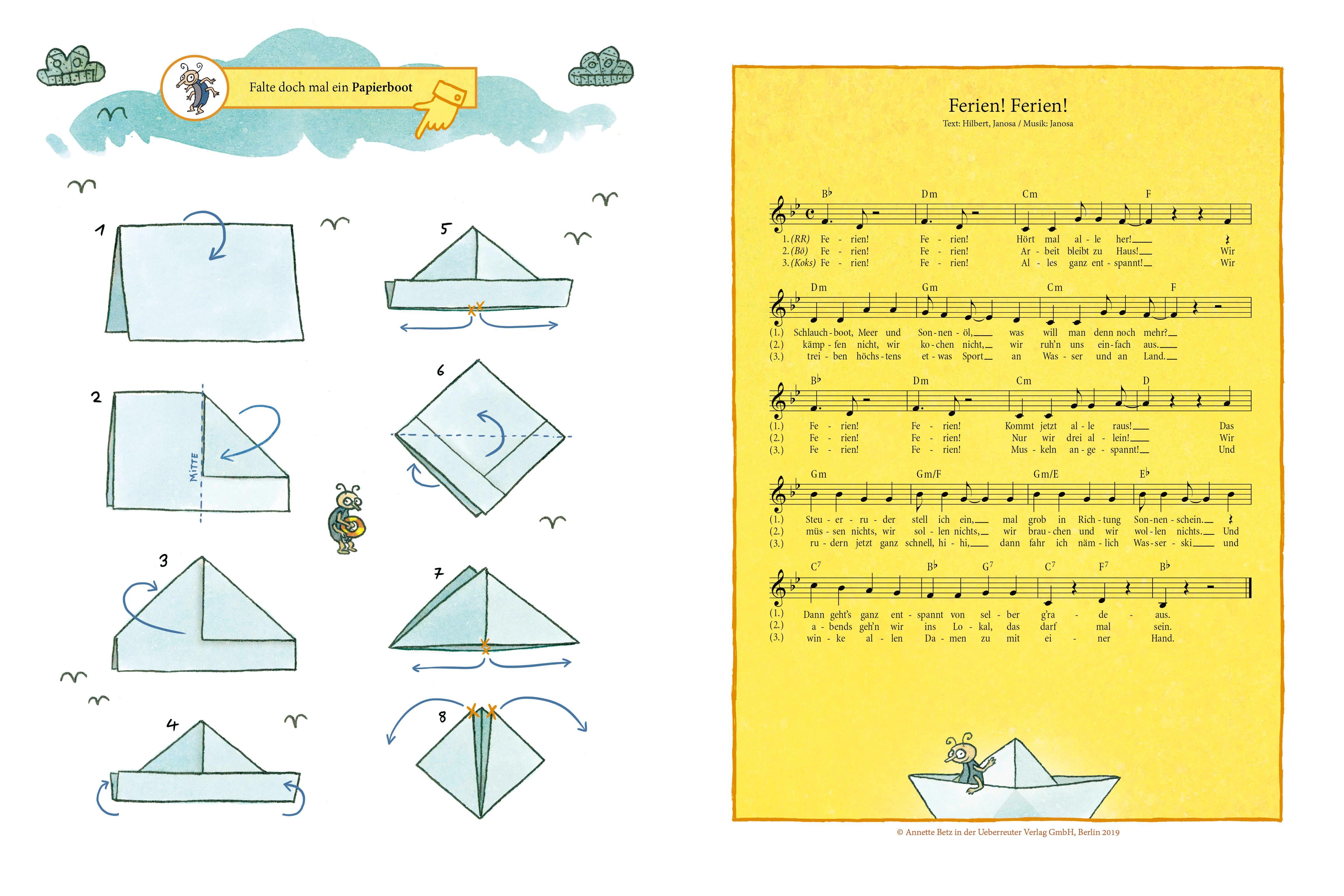 Anleitung zum Papierfalten und Notenblatt. Text und Noten in deutscher Sprache. Illustration: Papierboot.