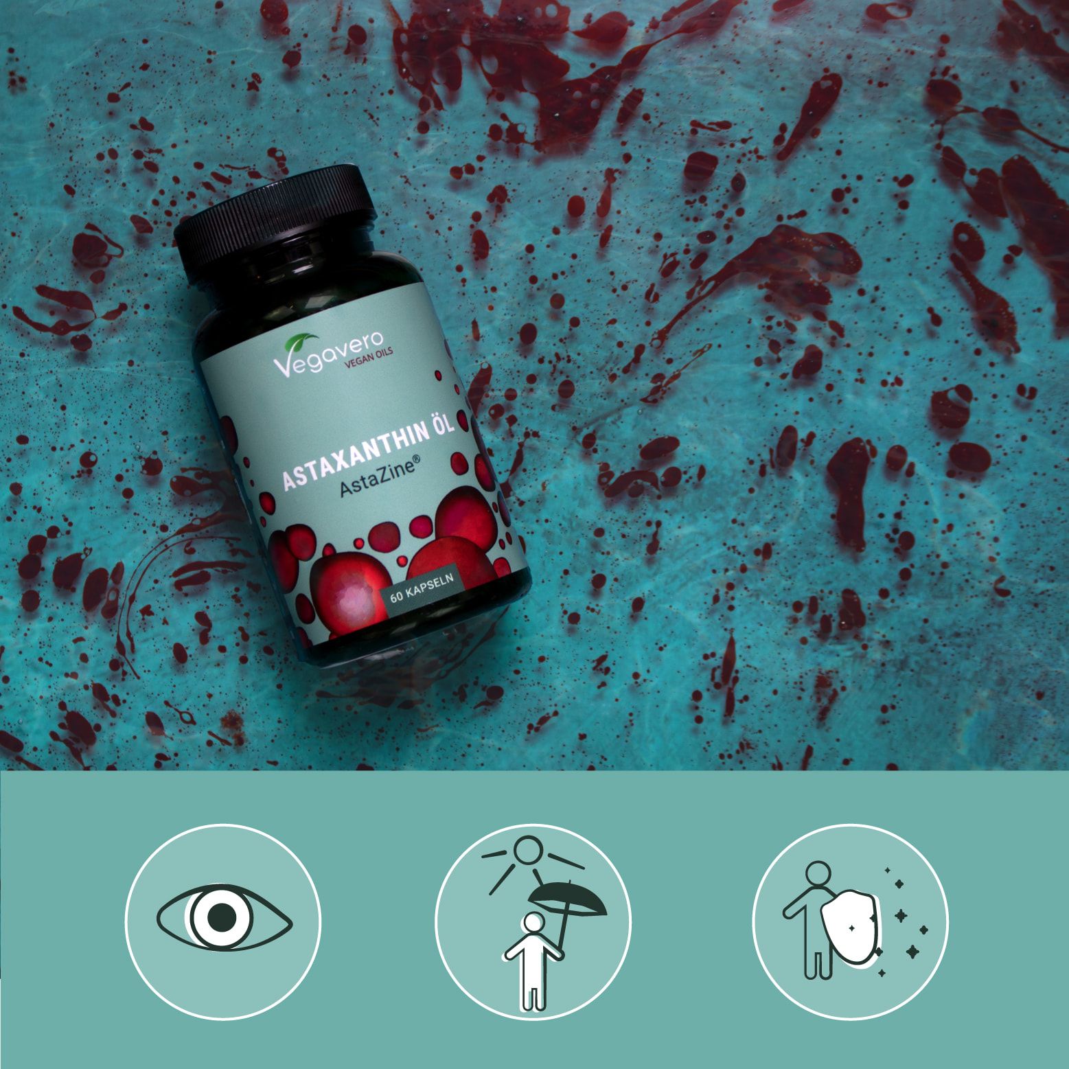 Flasche mit VEGAVERO Astaxanthin Öl. Aufschrift: ASTAXANTHIN ÖL, AstaZine, 60 Kapseln. Icons: Auge, Sonnenschirm, Schild.