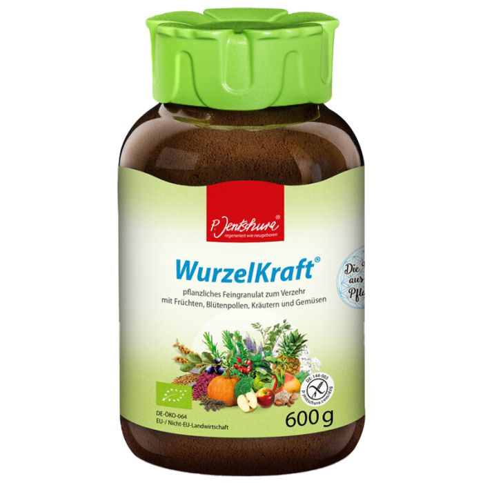 Braune Dose mit grünem Deckel. Aufschrift: WurzelKraft, pflanzliches Feingranulat. Abbildung von Früchten und Kräutern. 600g.
