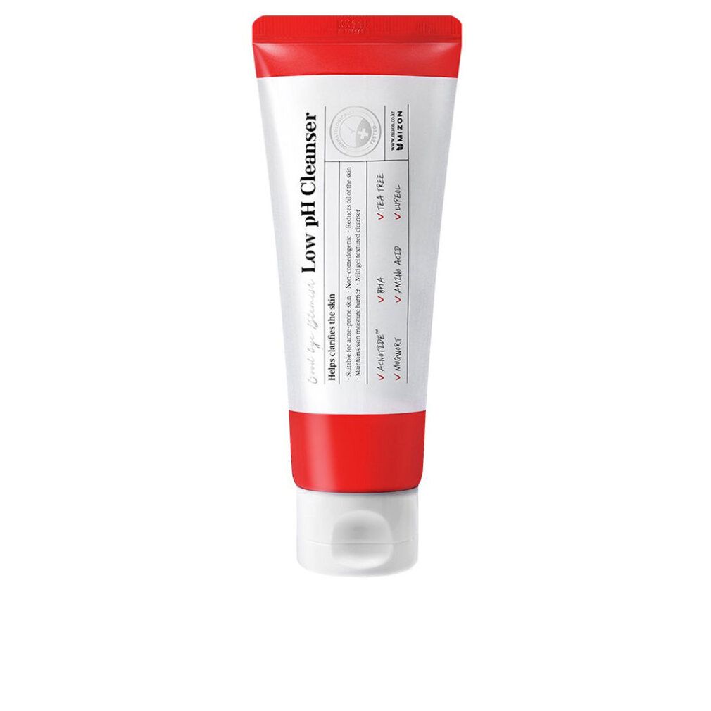 Weiß-rote Tube. Aufschrift: Low pH Cleanser. Marke: MIZON. Enthält Inhaltsstoffe wie BHA und Teebaum.