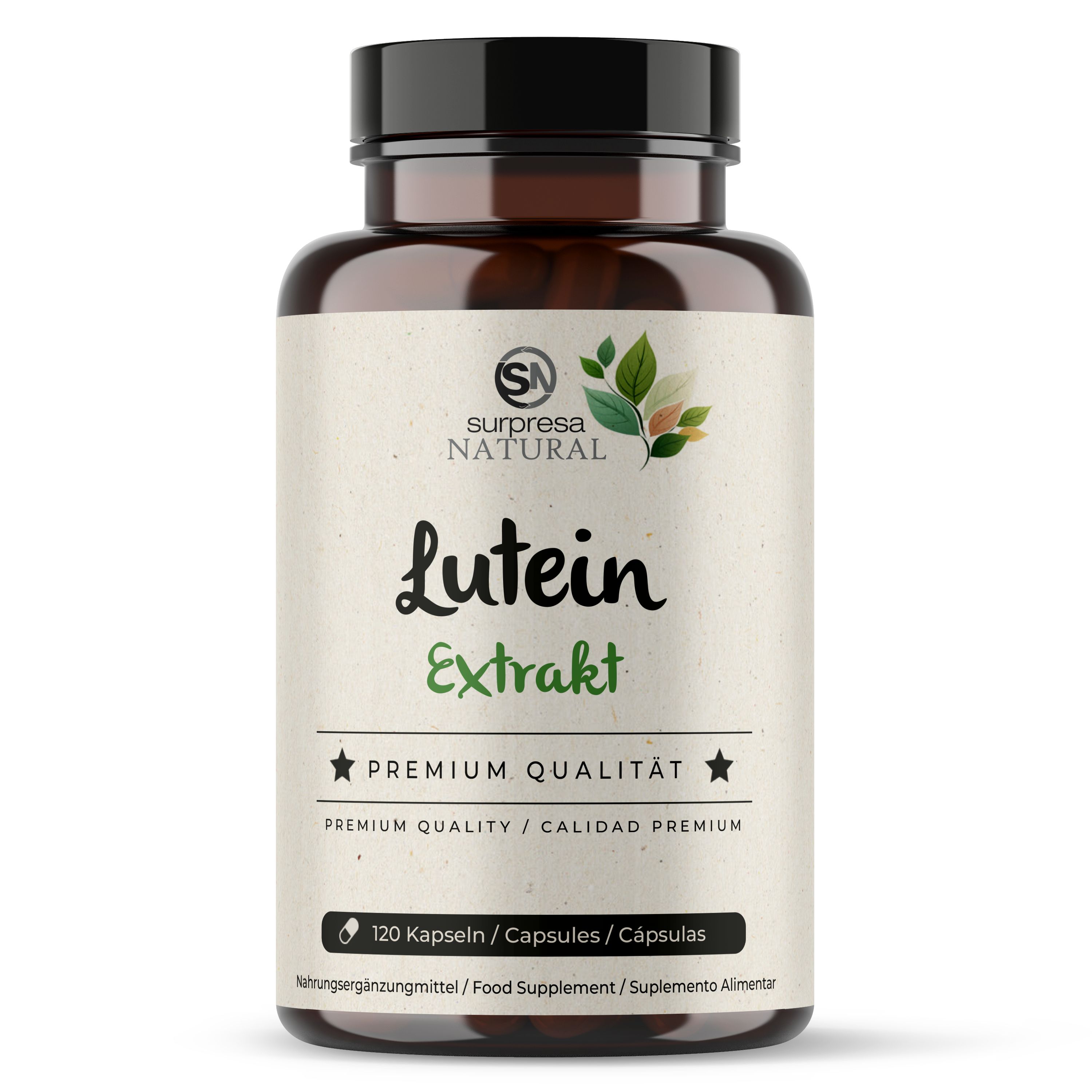 Braune Flasche mit Etikett. Aufschrift: Lutein Extrakt, Premium Qualität. 120 Kapseln. Marke: Surpresa Natural.