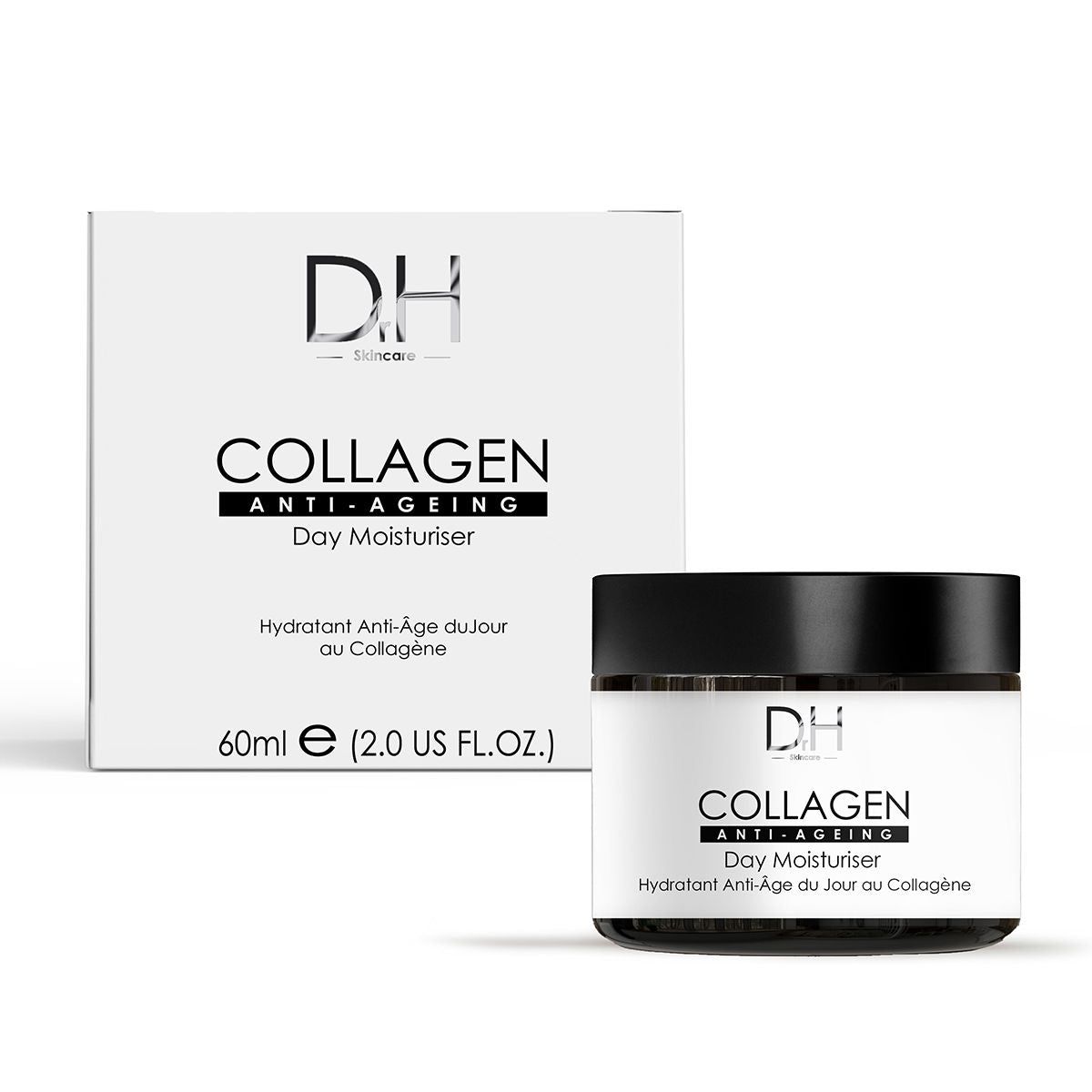 Creme-Tiegel und Verpackung. Aufschrift: Collagen Anti-Ageing Day Moisturiser. DH-Logo. 60ml.