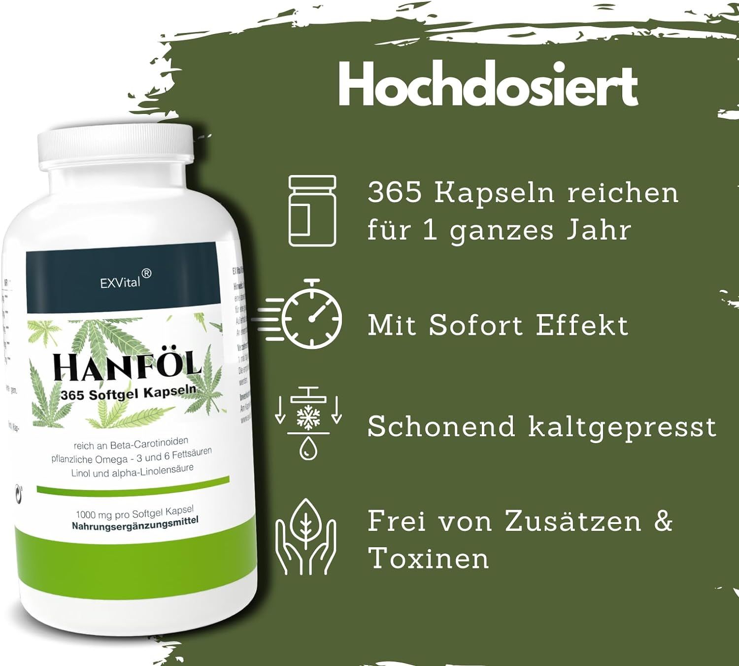 EXVital® Hanföl Kapseln hochdosiert mit 1000mg Hanfsamenöl, Omega 3 und Omega 6