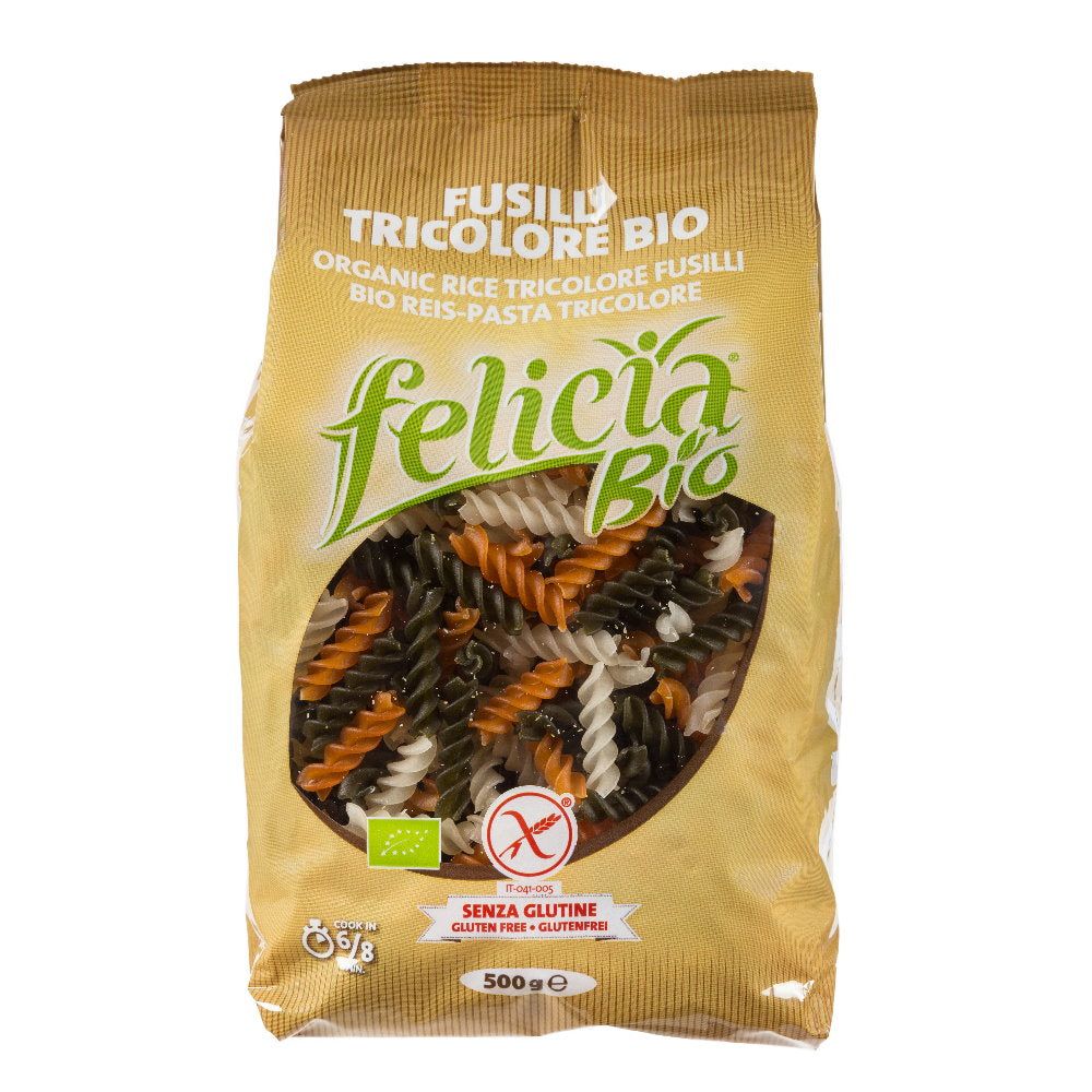 Verpackung mit Tricolore-Fusilli-Nudeln. Marke Felicia Bio. Glutenfrei. Enthält grüne, orange und weiße Spiralnudeln. 500g.