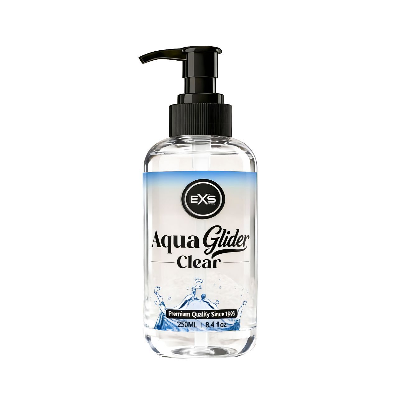 Klare Gleitcreme in durchsichtiger Flasche mit schwarzem Pumpspender, 250ml.
