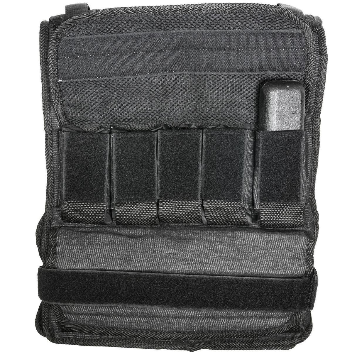 Schwarze Gewichts-Weste. Mit Fächern für Gewichte. Klettverschlüsse und verstellbare Gurte.