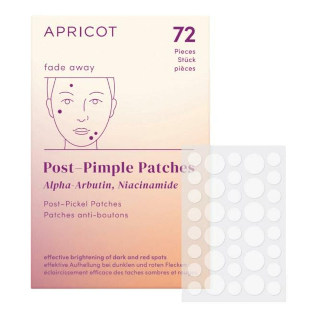 APRICOT Post-Pickel Patches, 72 Stück. Verpackung und transparente Patches.