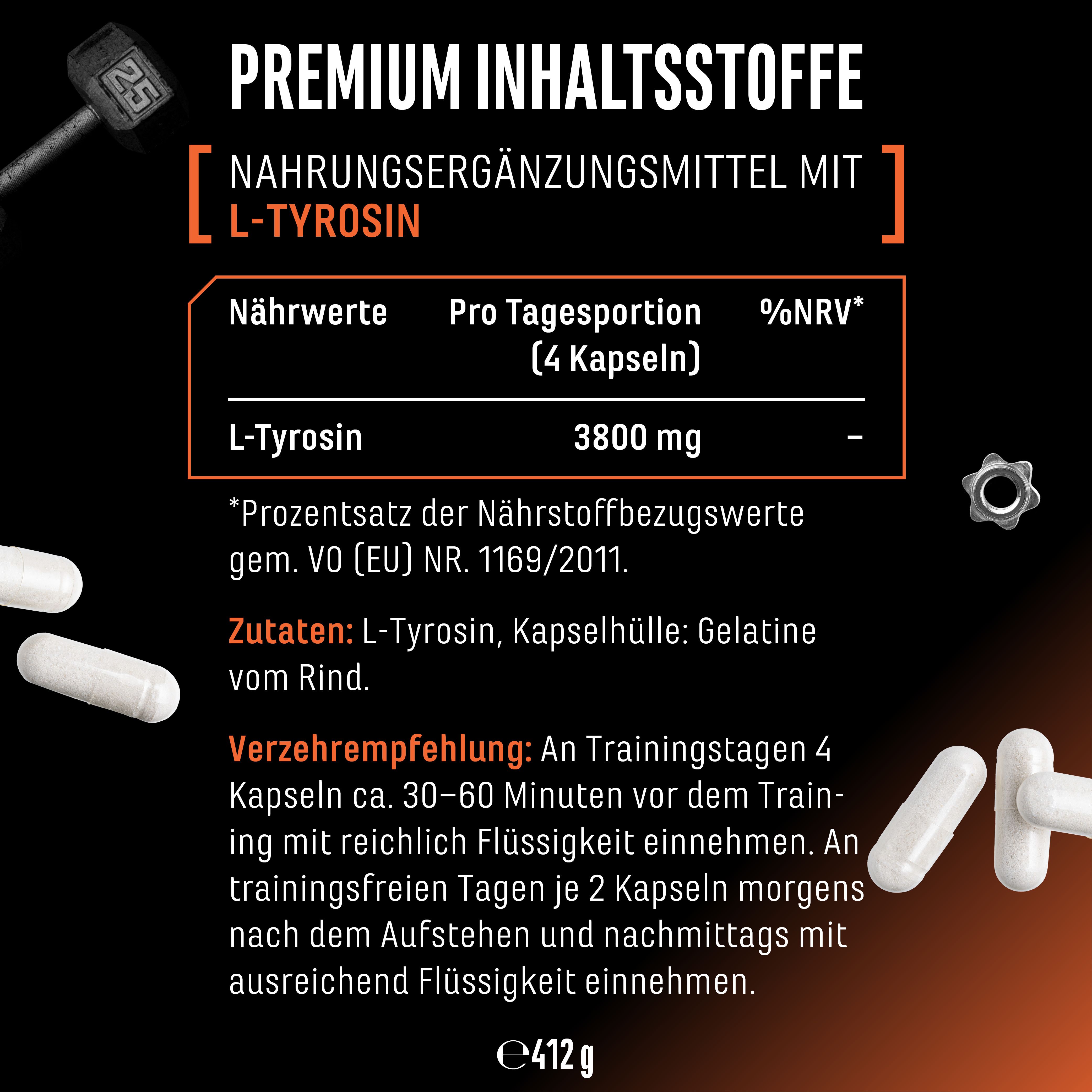 Nährwertangaben für L-Tyrosin Ultra Caps. Informationen zu Inhaltsstoffen und Verzehrempfehlung. Weiße Kapseln daneben.