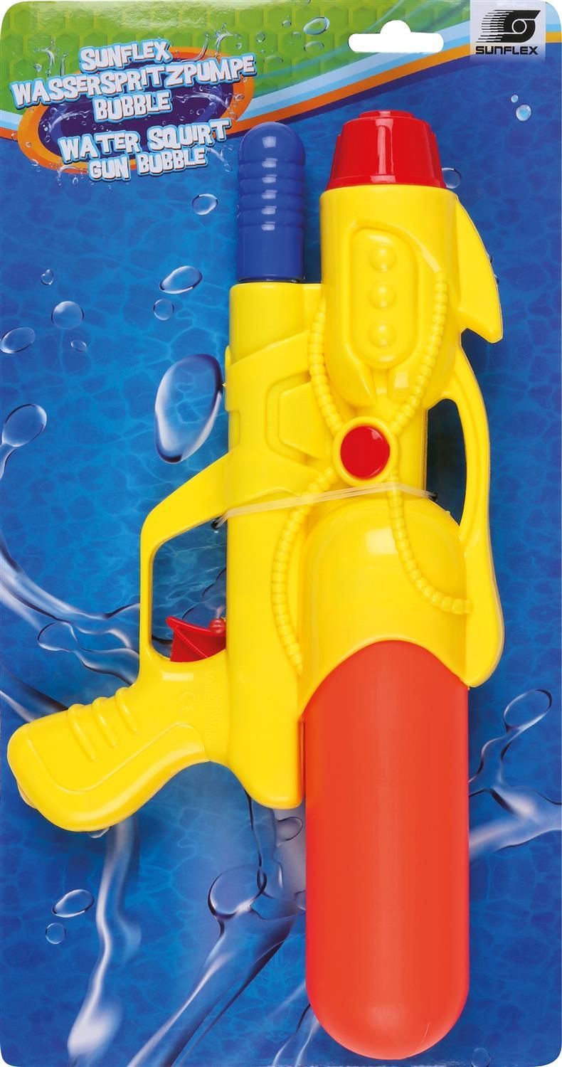 Wasserspritzpistole in Verpackung. Gelb, rot und blau. Text: Sunflex Wasserspritzpumpe Bubble.