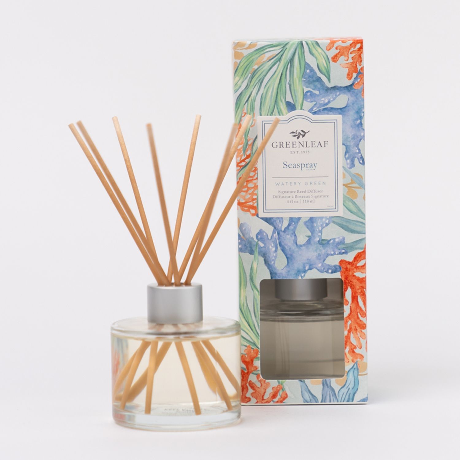 Greenleaf Seaspray Reed Diffuser mit 8 Holzstäbchen in Glasflasche und passender Verpackung.