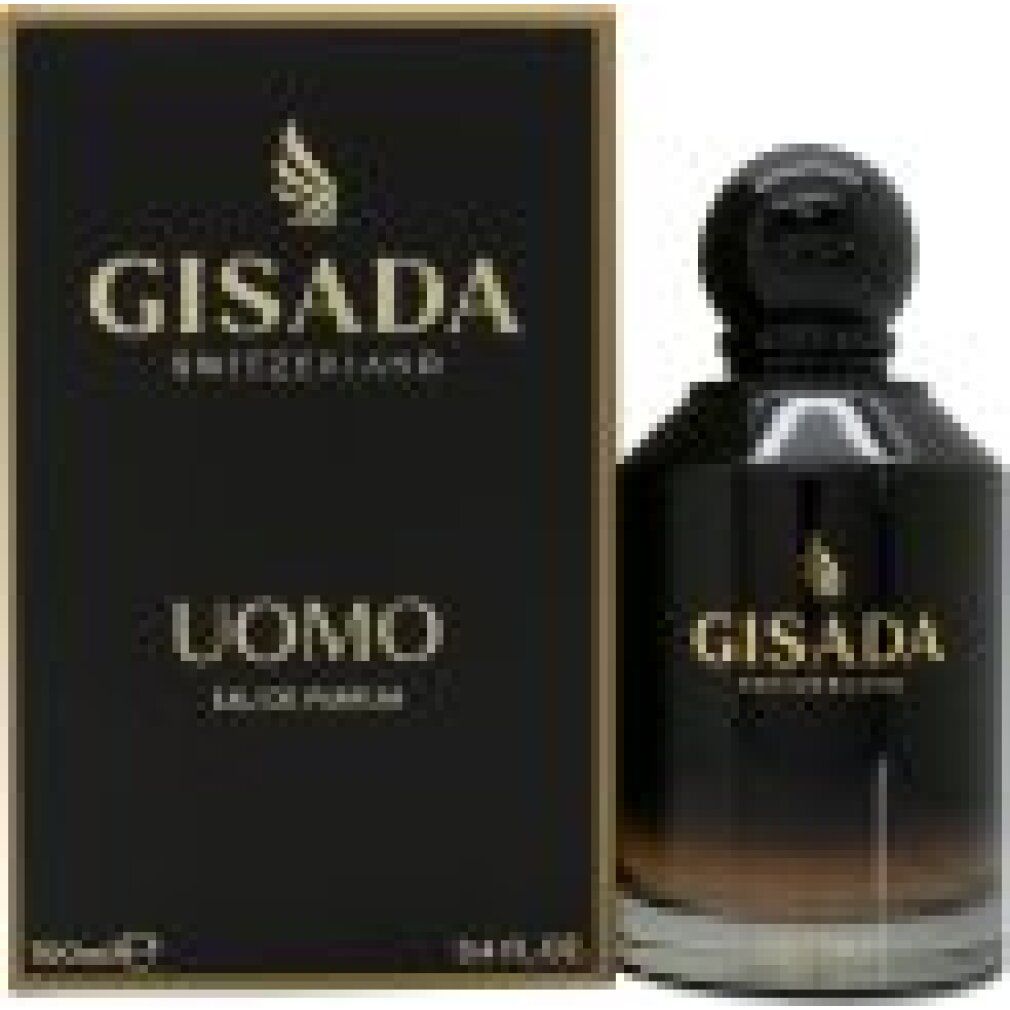 Gisada Uomo Eau de Parfum Flakon neben seiner schwarzen Verpackung mit 100ml Angabe.