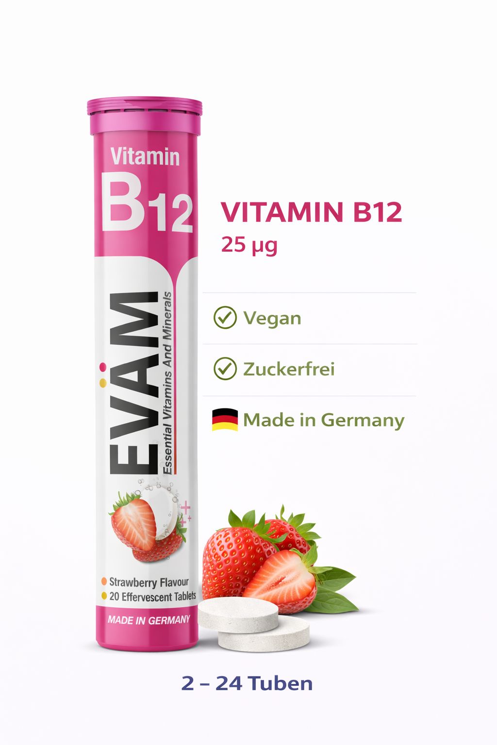 EVÄM Vitamin B12 Brausetabletten. 25 µg. Vegan, zuckerfrei. Made in Germany. Erdbeeren.