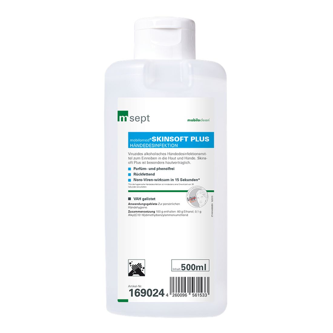 Flasche mobilomed® Skinsoft Plus Händedesinfektionsmittel. Weißer Deckel, transparente Flasche, blaue und grüne Beschriftung. 500ml.