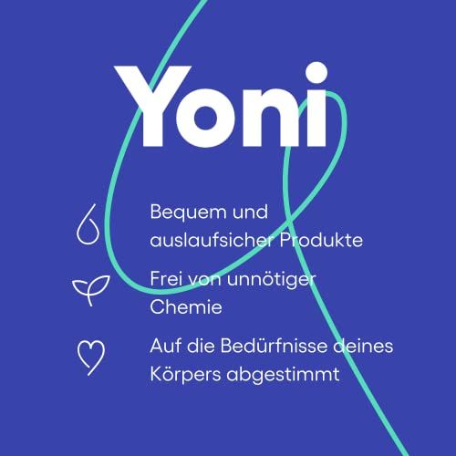 Yoni-Logo und Text: Bequem und auslaufsicher, frei von unnötiger Chemie, auf die Bedürfnisse deines Körpers abgestimmt.
