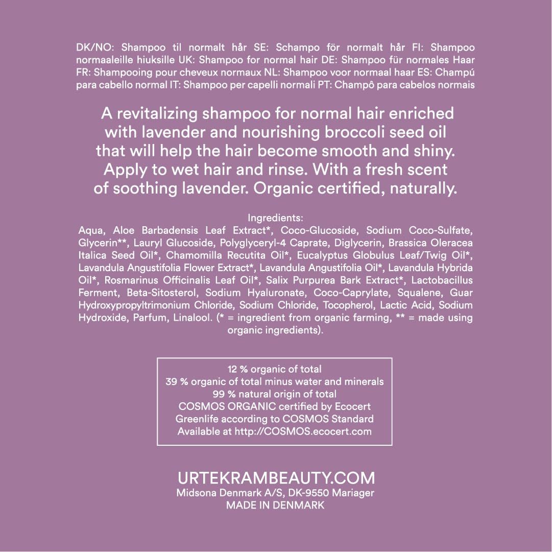 Rückseite einer Urtekram Shampoo-Flasche. Text: Inhaltsstoffe, Zertifizierungen, Herkunft. Logos: Cosmos Organic, Vegan.