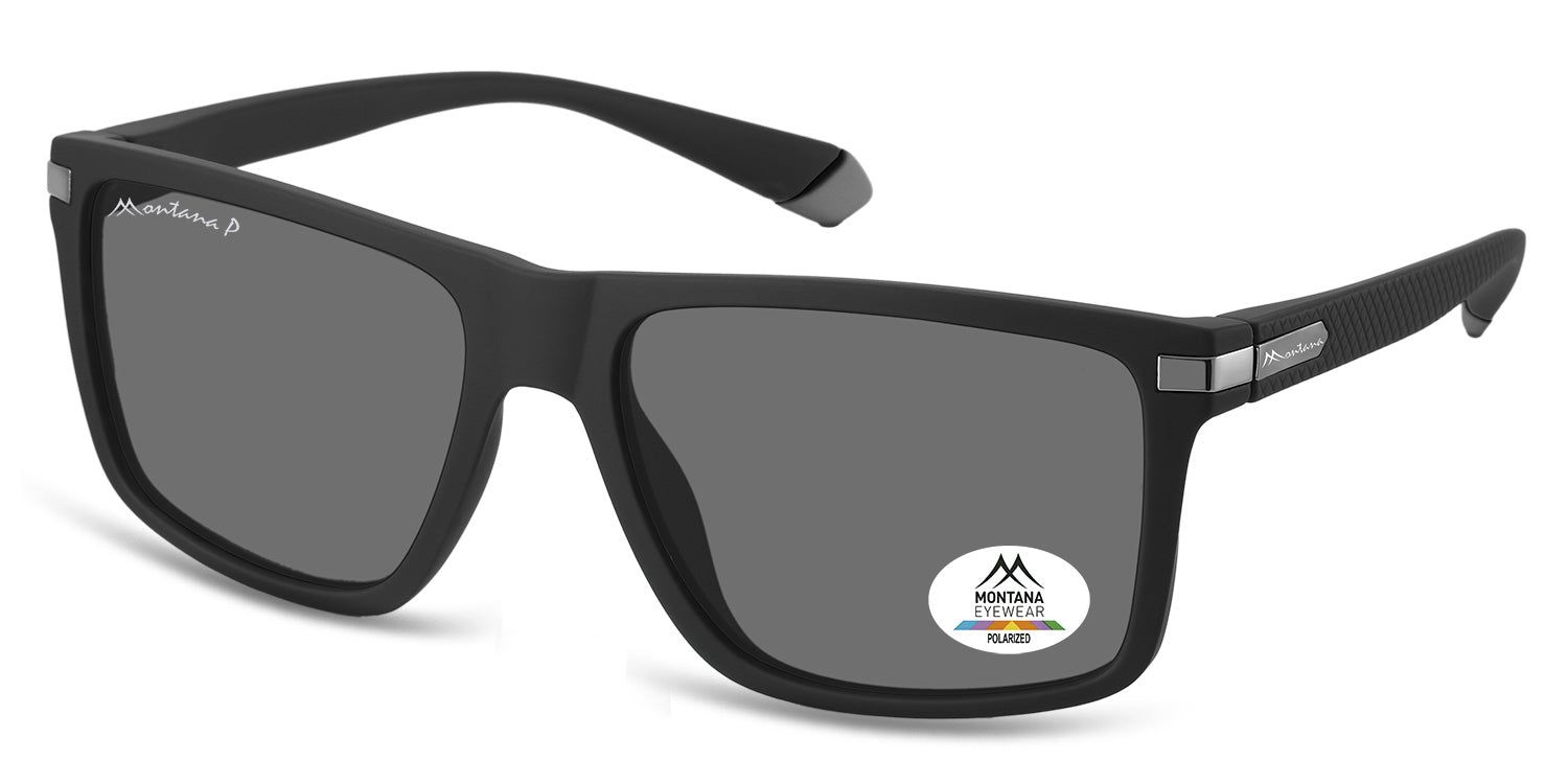 Schwarze Sonnenbrille mit rechteckigen Gläsern. Montana Eyewear Logo auf dem Bügel und Glas. Polarisierte Gläser.