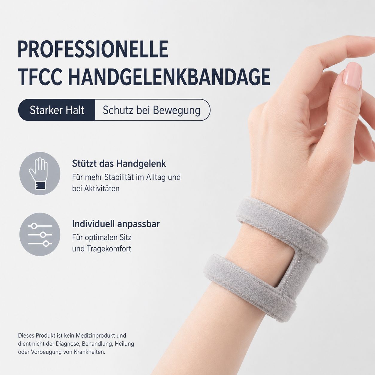 Graue Handgelenkbandage mit offenem Design. Elastisch, mit Klettverschluss. Für mehr Stabilität.