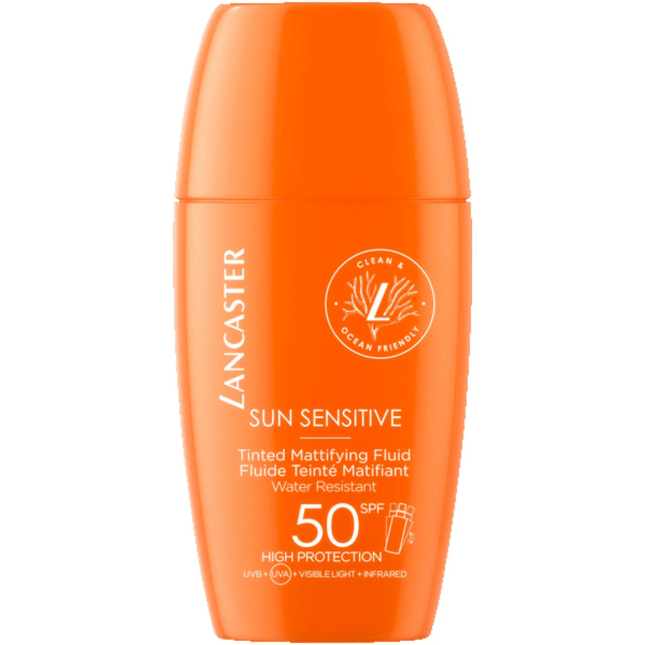 Orangefarbene Flasche von Lancaster Sonnenempfindlicher Tönender Mattierender Fluid SPF50. Text: Sun Sensitive, 50 SPF.