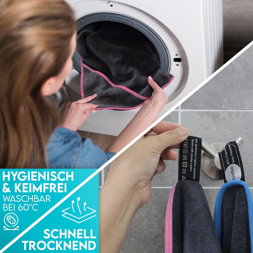 Hundehandtuch in Waschmaschine und an Haken. Text: Hygienisch & keimfrei, waschbar bei 60°C, schnell trocknend.