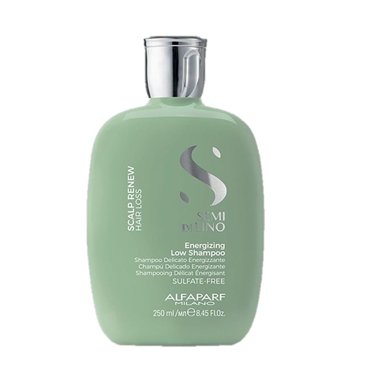 Grüner Flakon mit silbernem Verschluss, 250 ml. Semi di Lino Energizing Low Shampoo gegen Haarausfall.