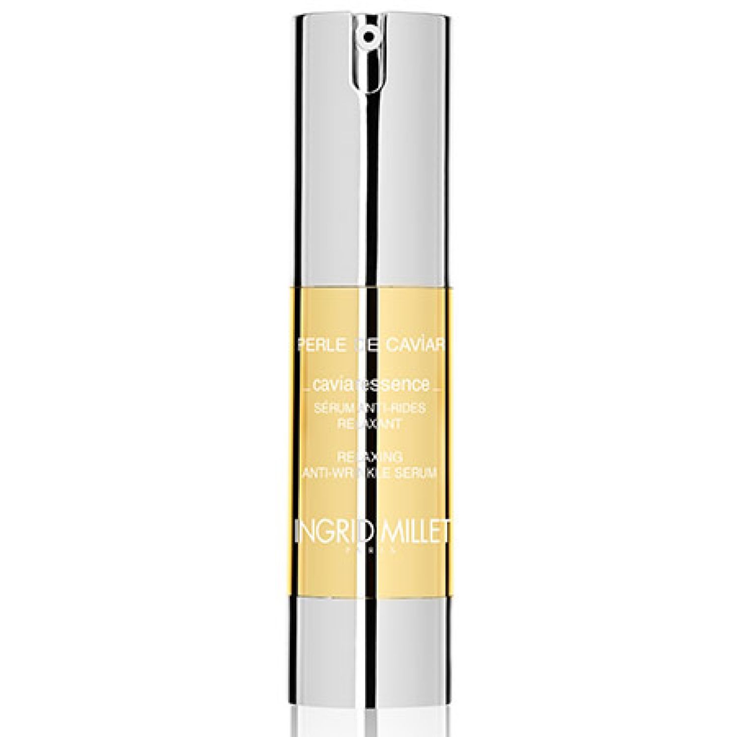 Zylinderförmiges Serum von Ingrid Millet. Silberne Kappe, goldfarbener Behälter. Beschriftung: PERLE DE CAVIAR, Caviaressence, Serum Anti-rides.