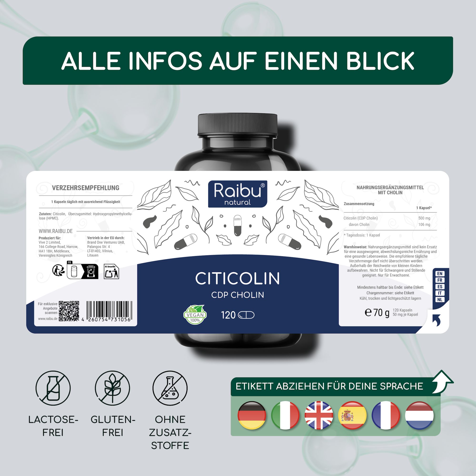 Flasche Citicolin CDP-Cholin mit Etikett. Infos: 120 Kapseln, vegan, glutenfrei, ohne Zusatzstoffe.