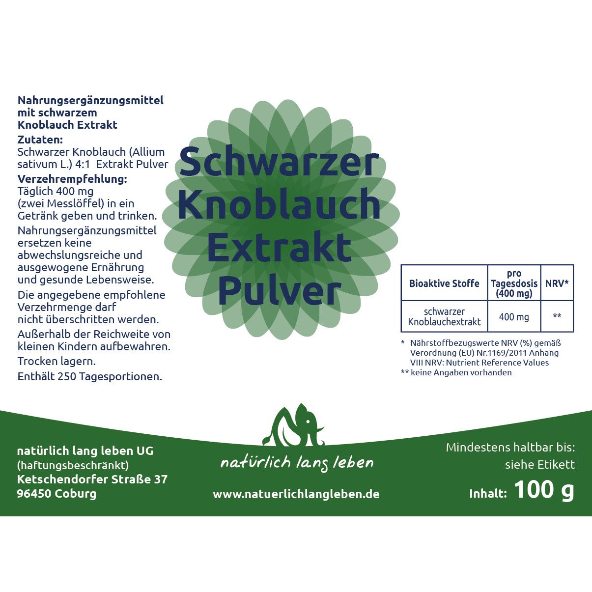 natürlich lang leben Schwarzer Knoblauch Extrakt Pulver 100 g