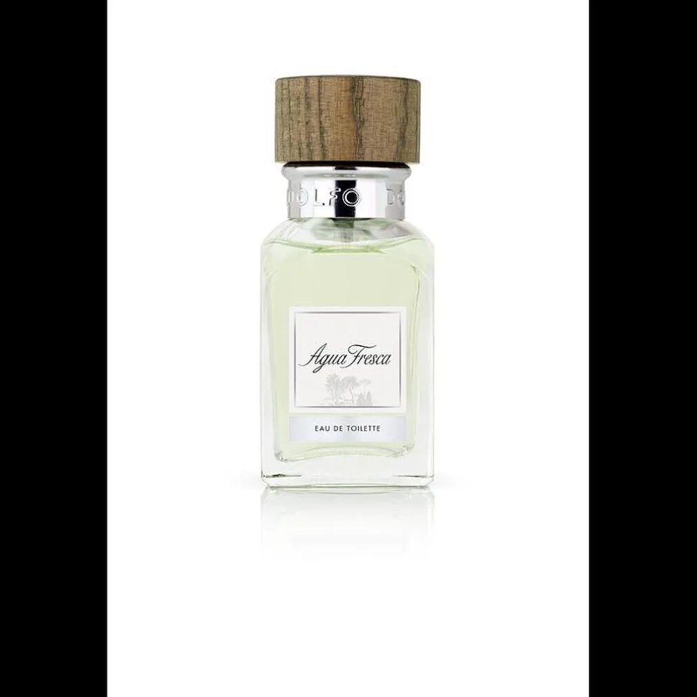 Quadratische Glasflasche mit Holzdeckel. Aufschrift "Agua Fresca" und "Eau de Toilette".
