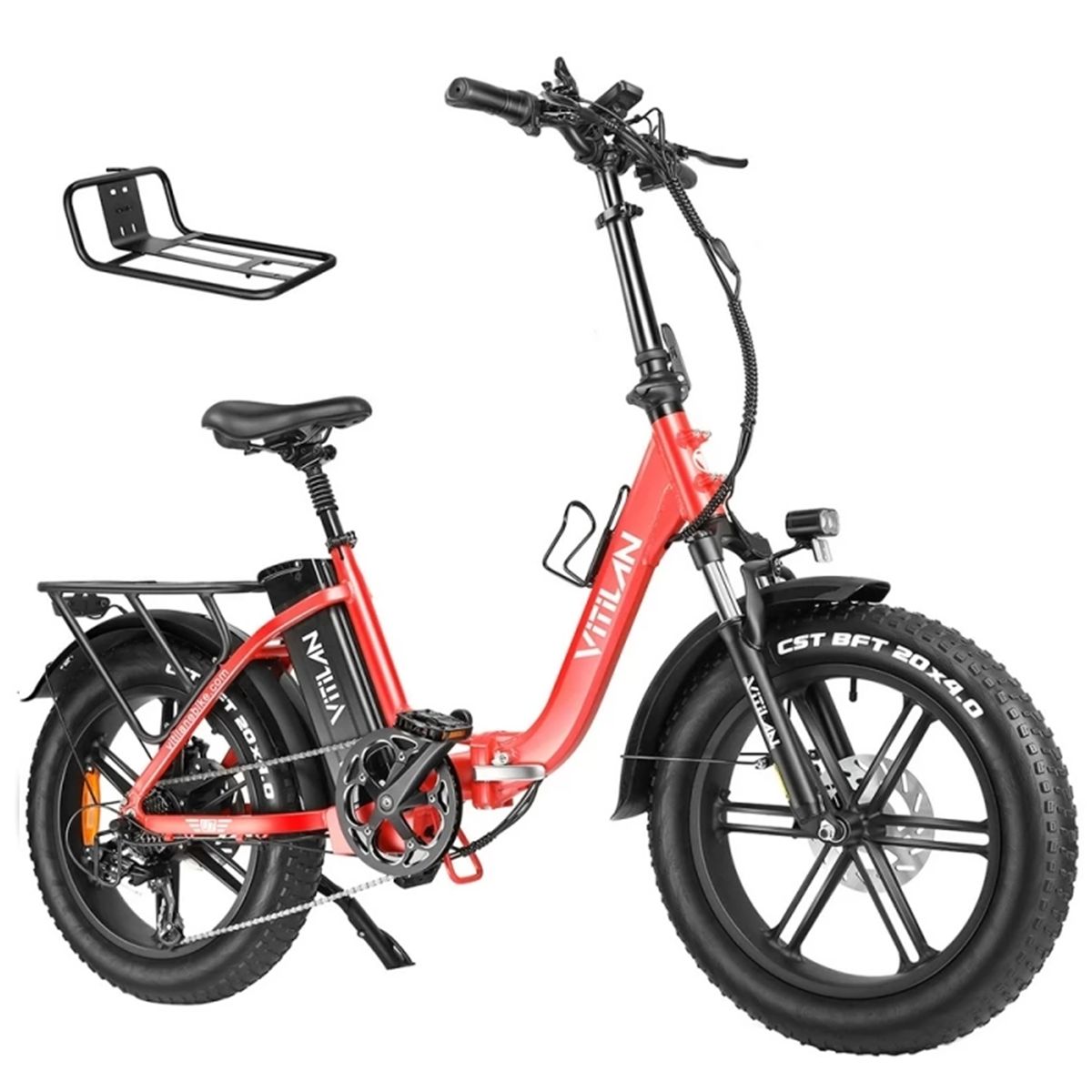 Rotes faltbares Elektrofahrrad. Schwarze Reifen, Gepäckträger und Sattel. "Vitilan" Schriftzug am Rahmen. Separater Gepäckträger.