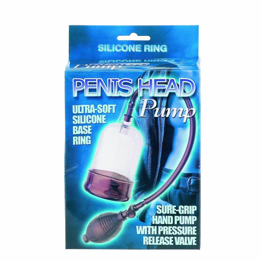 Produkt PENIS HEAD Pump in Verpackung. Pumpe mit transparentem Zylinder, schwarzem Schlauch und Handpumpe. Text: SILICONE RING, ULTRA-SOFT SILICONE BASE RING.