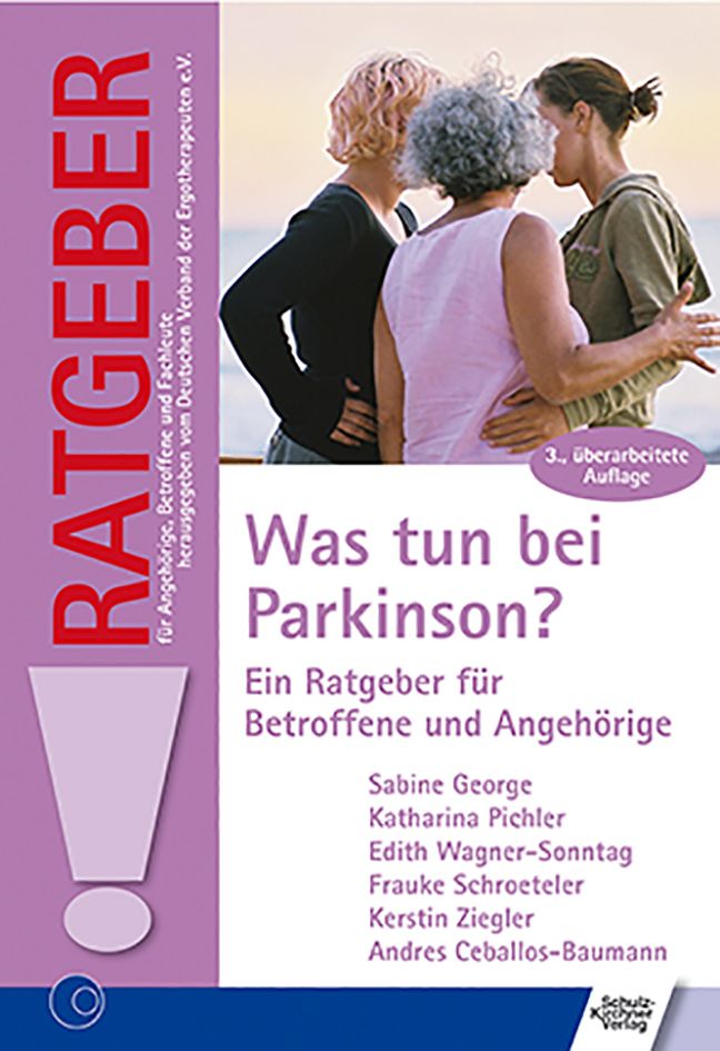Buchcover: "Was tun bei Parkinson?" mit drei Frauen. Titel, Autoren, und Verlagslogo sichtbar.