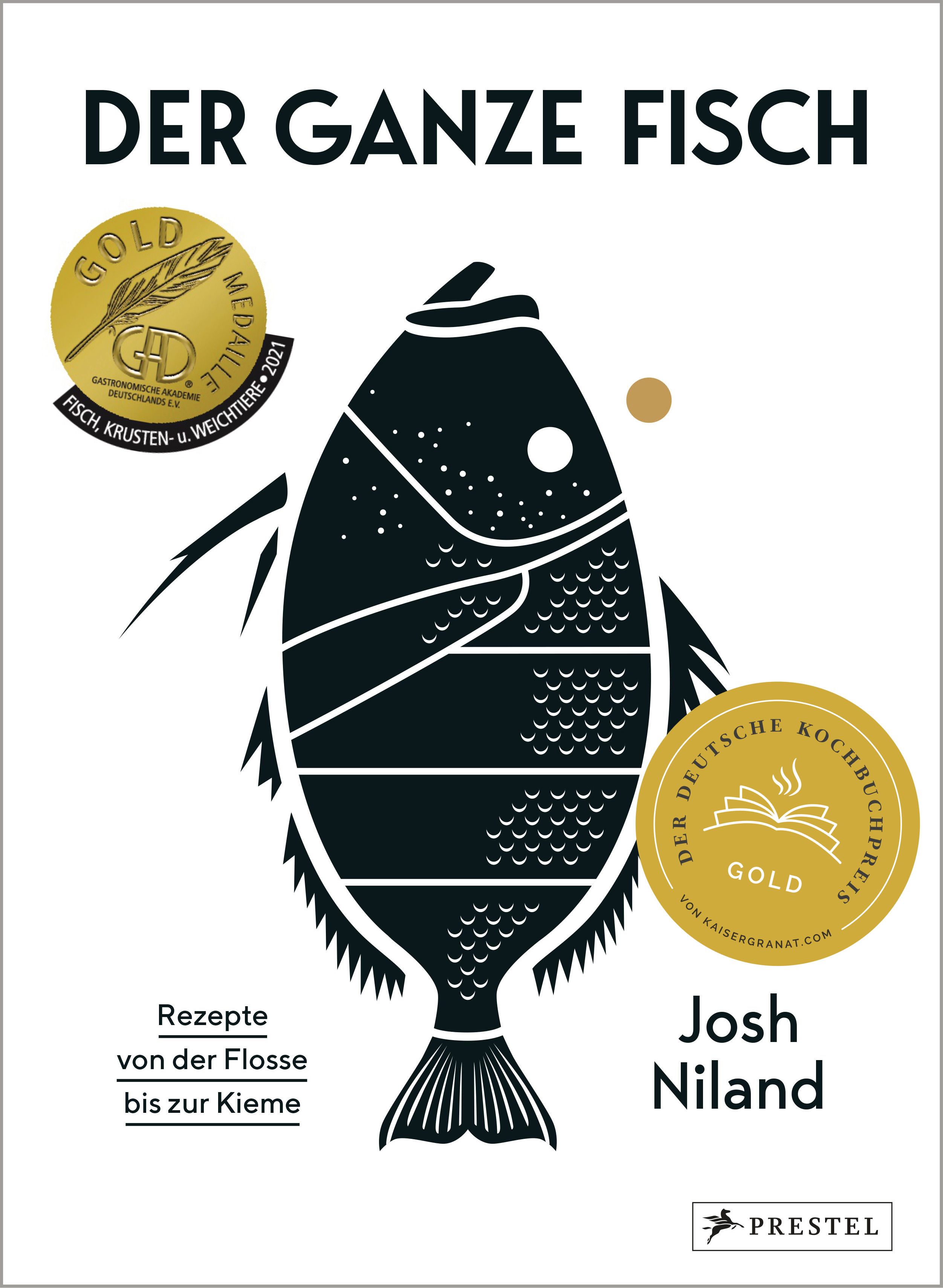 Buchcover mit dem Titel "Der ganze Fisch". Schwarze Fischillustration. Goldene Medaillen und Auszeichnungen. Autor: Josh Niland.