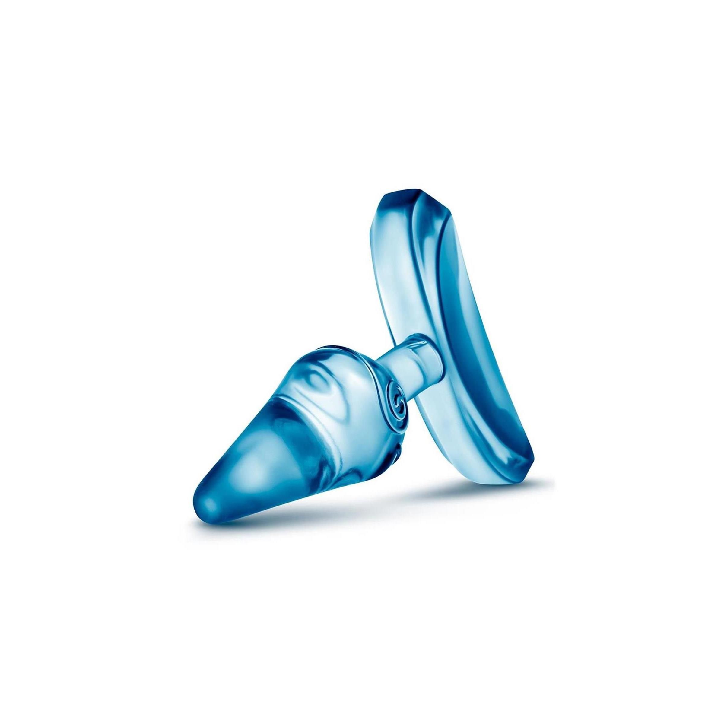 Blauer Analplug mit konischer Spitze und breiter Basis, liegend. Transparentes Material.