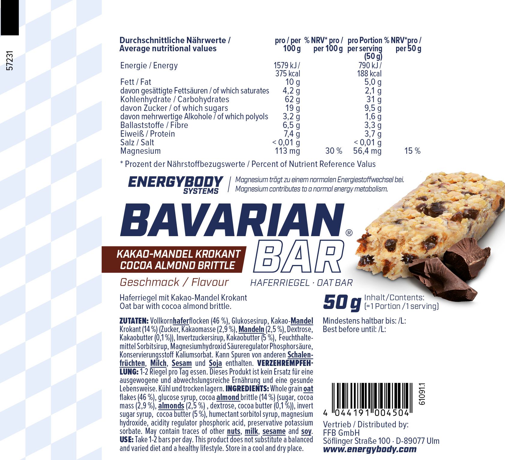 Verpackung der Energybody Bavarian Bar. Zeigt Nährwertangaben, Zutatenliste und Produktnamen. 50g Riegel.