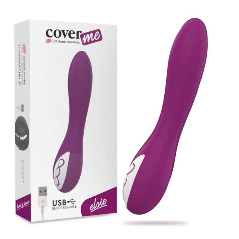 Produktverpackung. Lila Vibrator und Fernbedienung. Text: Coverme, Elsie, USB Rechargeable.
