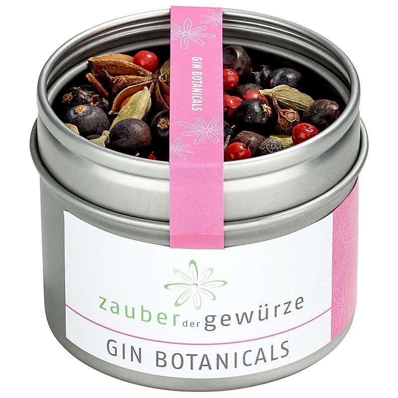 Runde Dose mit Gin Botanicals. Rosa Etikett mit Schriftzug. Deckel mit rosa Band. Inhalt: Wacholderbeeren, Sternanis, Kardamom.
