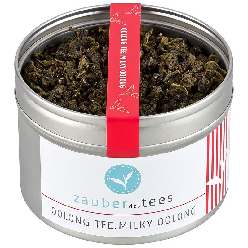 Metallbehälter mit Oolong-Tee. Roter Streifen mit Text. Weißes Etikett mit Logo und Text.