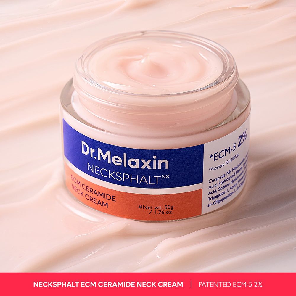 Dr. Melaxin Necksphalt ECM Ceramide Nackcreme Behälter mit verschütteter Creme und Deckel daneben.