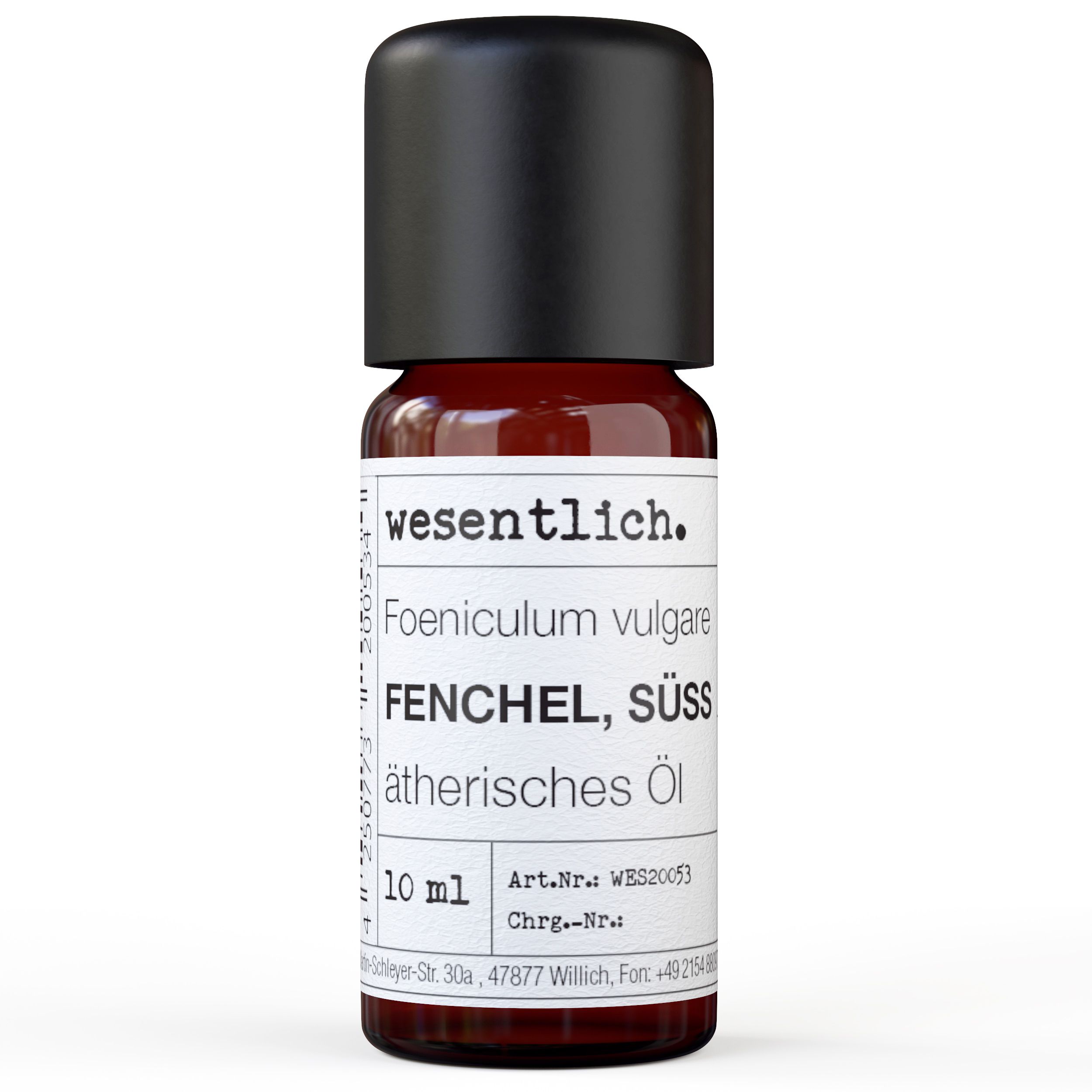 Braune Glasflasche mit schwarzem Deckel. Etikett mit Produktinformationen: Fenchel, süß, ätherisches Öl von wesentlich.