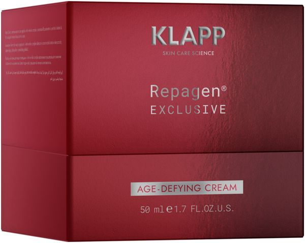 Rote Klapp Repagen Exclusive Global Anti-Age Cream Verpackung. Schriftzug: Klapp, Repagen Exclusive, Age-Defying Cream. 50 ml.