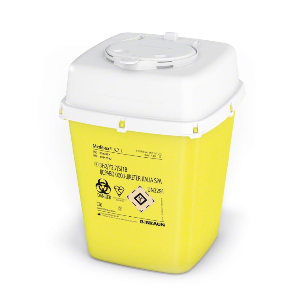 Gelber B. Braun Medibox® Kanülenabwurfbehälter mit weißem Deckel. Fassungsvermögen 5,7 L. Mit Warnhinweisen und B. Braun Logo.