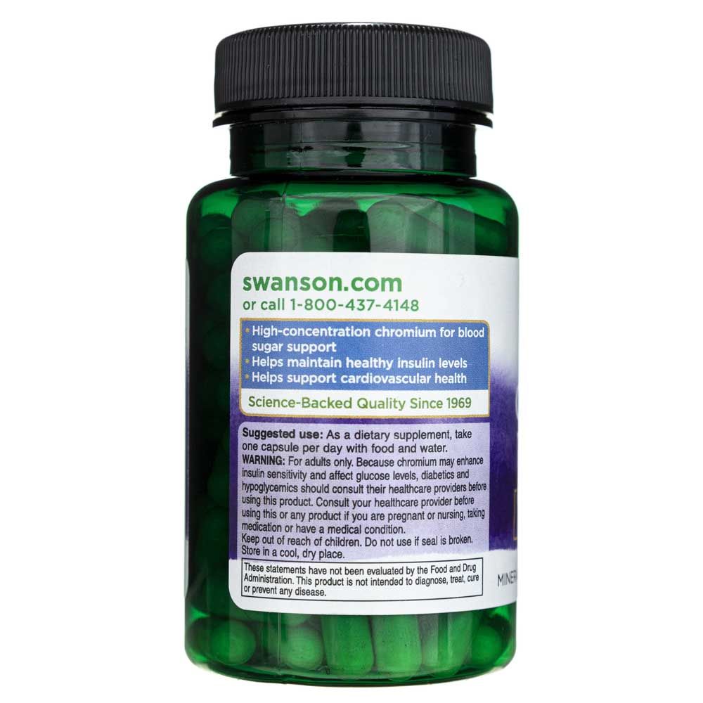 Rückseite der Flasche Swanson Chromium Picolinate mit Produktinformationen und Website.