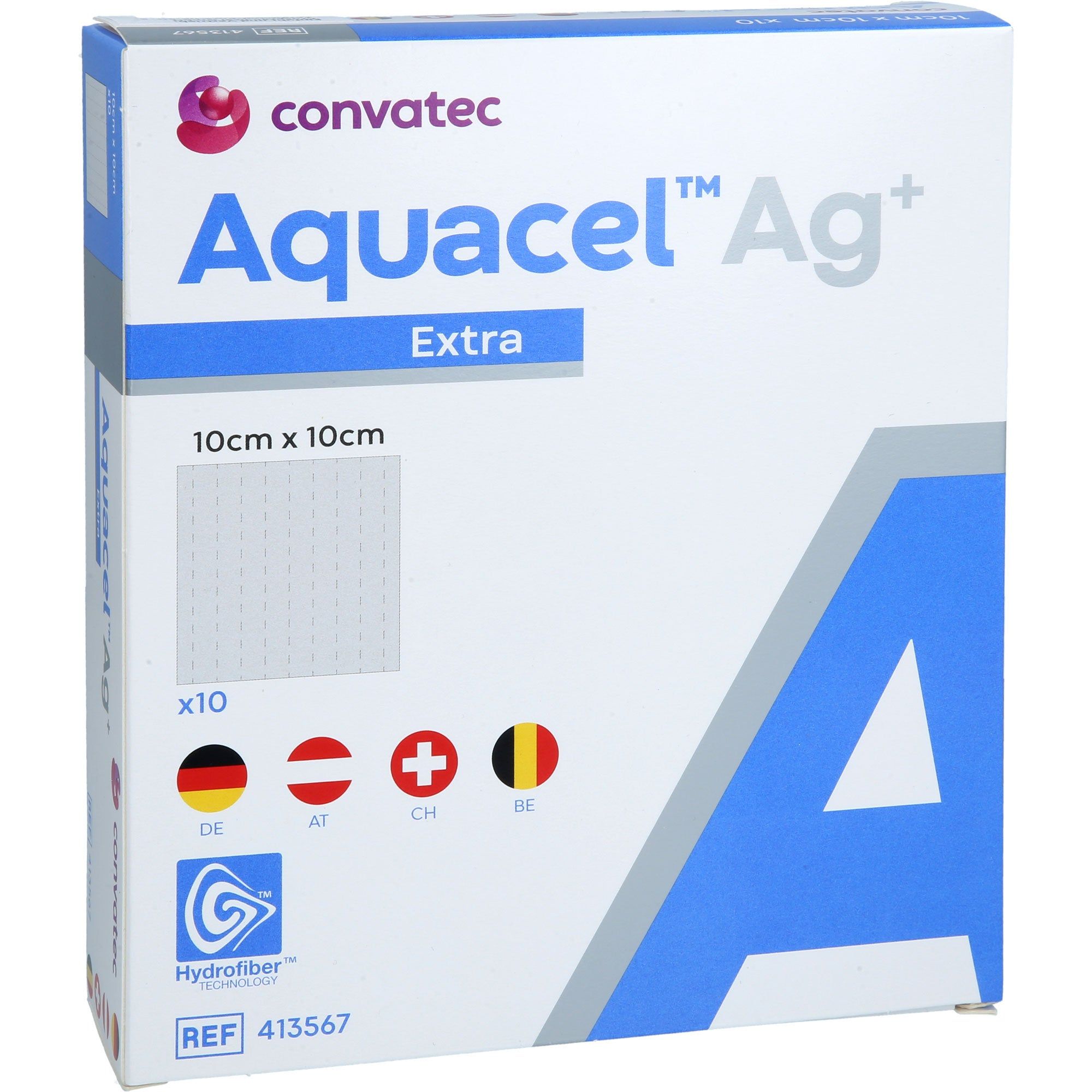 Verpackung von Aquacel Ag+ Extra Kompressen. Quadratisch, 10x10cm. Logo Convatec, Flaggen DE, AT, CH, BE. REF 413567.