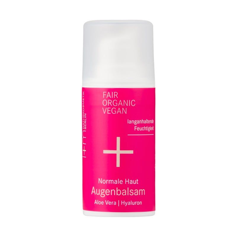 Zylinderförmige Flasche mit weißem Deckel. Auf pinkfarbenem Etikett: FAIR ORGANIC VEGAN, Pluszeichen, Augenbalsam, Aloe Vera, Hyaluron.