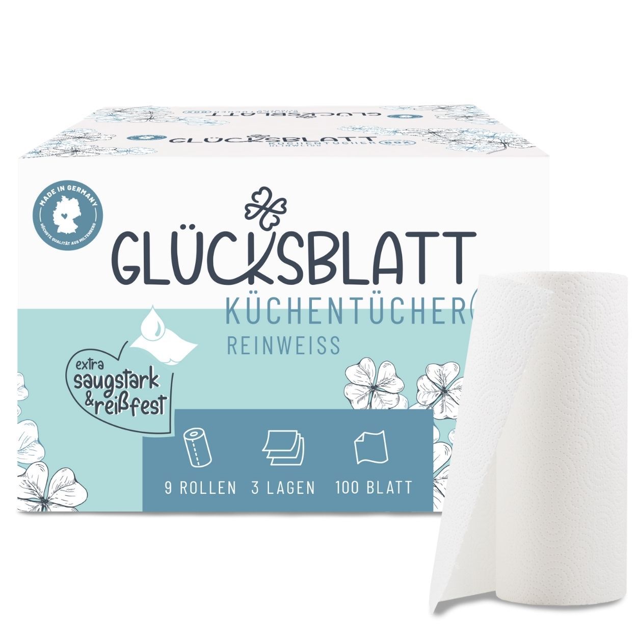 Box mit Küchenrollen. Aufschrift: GLÜCKSBLATT KÜCHENTÜCHER REINWEISS. 9 Rollen, 3 Lagen, 100 Blatt. Rolle Papierhandtücher daneben.