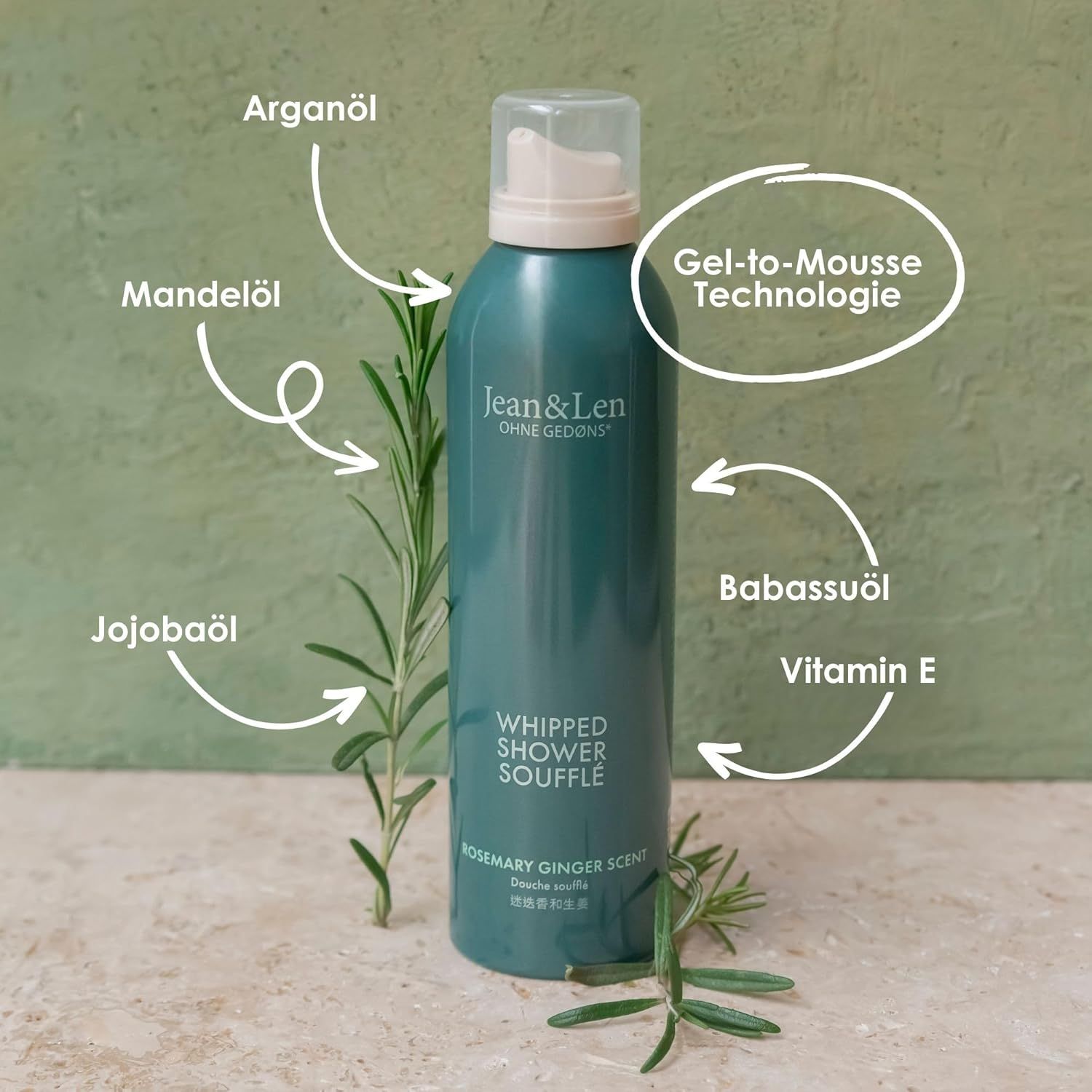 Grüne Flasche mit Jean & Len Logo. Beschriftung: Whipped Shower Soufflé. Inhaltsstoffe: Arganöl, Mandelöl, Jojobaöl, Babassuöl, Vitamin E.