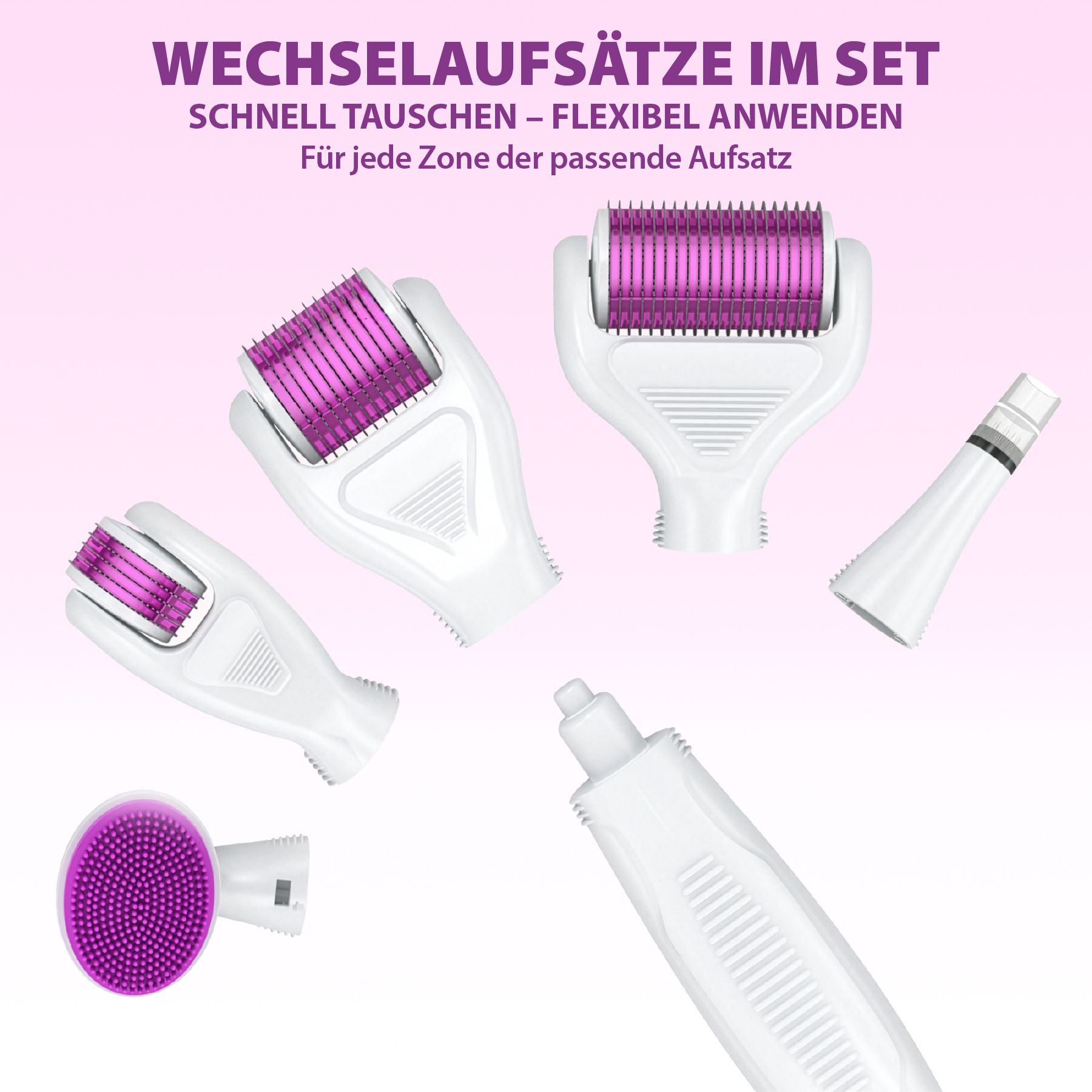 Verschiedene Dermaroller-Aufsätze und Zubehör. Text: WECHSELAUFSÄTZE IM SET. Schnell wechseln, flexibel anwenden.